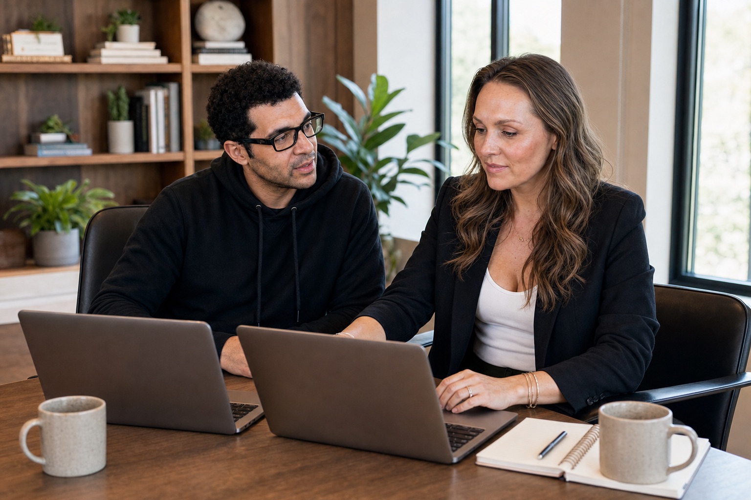 Two members of the Workroom team working side by side at a laptop in a studio office.