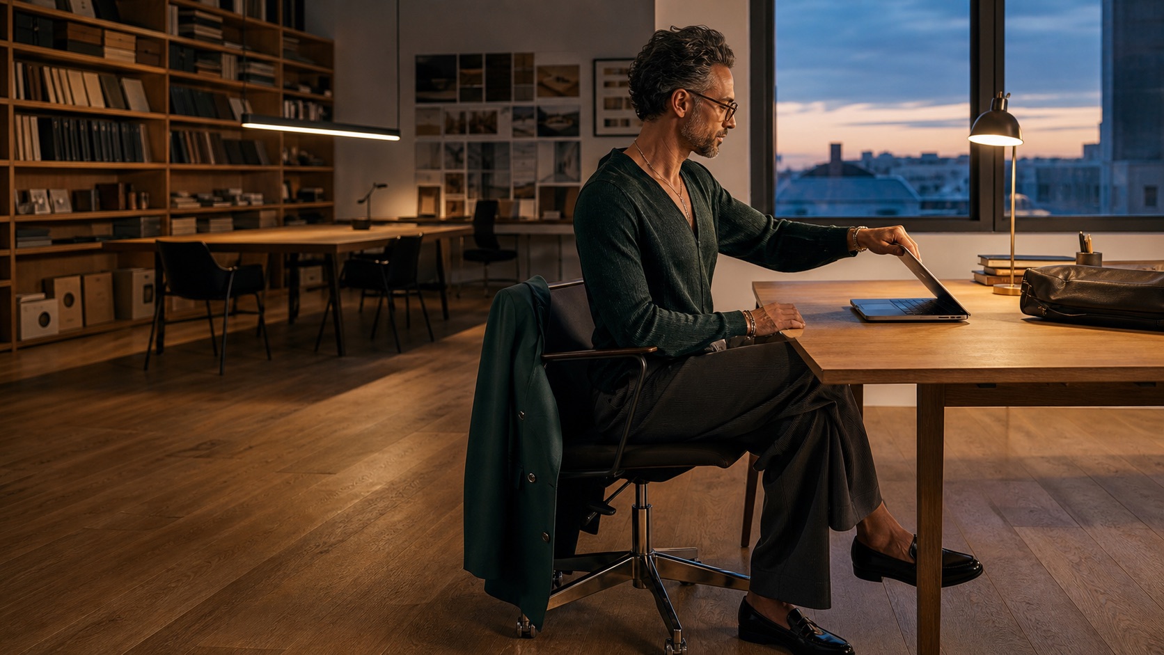 A studio principal closing a laptop at a desk at dusk in an otherwise empty design studio, one lamp lit and the city out the window.