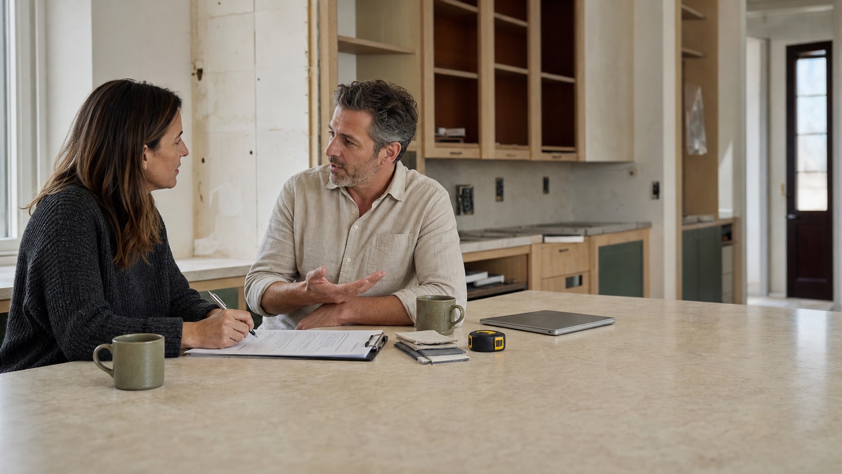 A designer taking notes on a printed questionnaire while a prospective client talks, at a kitchen island in a house mid-renovation.