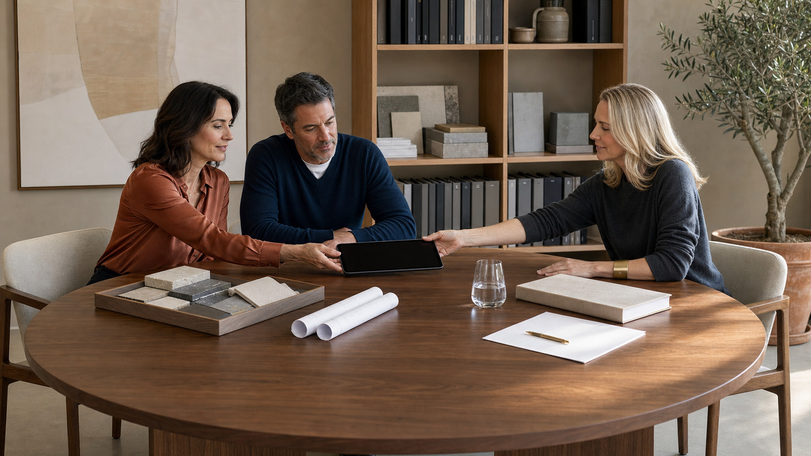A designer passing a tablet across a walnut table to a client couple, beside a tray of stone samples, rolled drawings and a printed agreement.