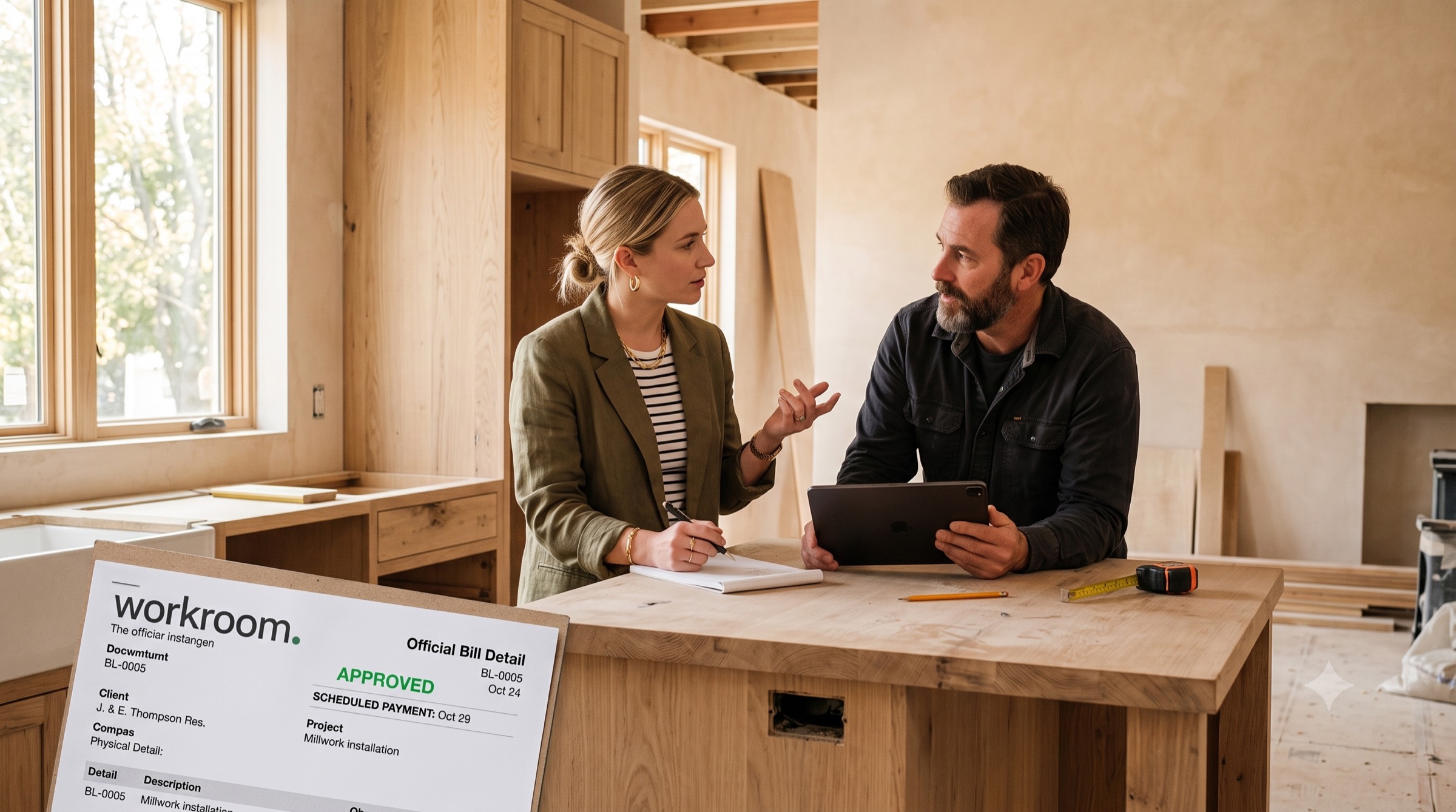 A designer and a millworker talking over a tablet at the island of a kitchen still under construction.
