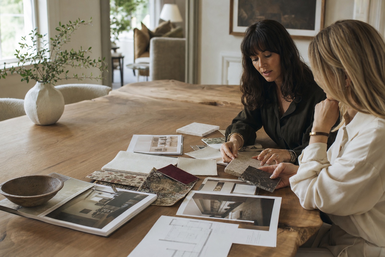 Interior designer and client reviewing material options and a room proposal together