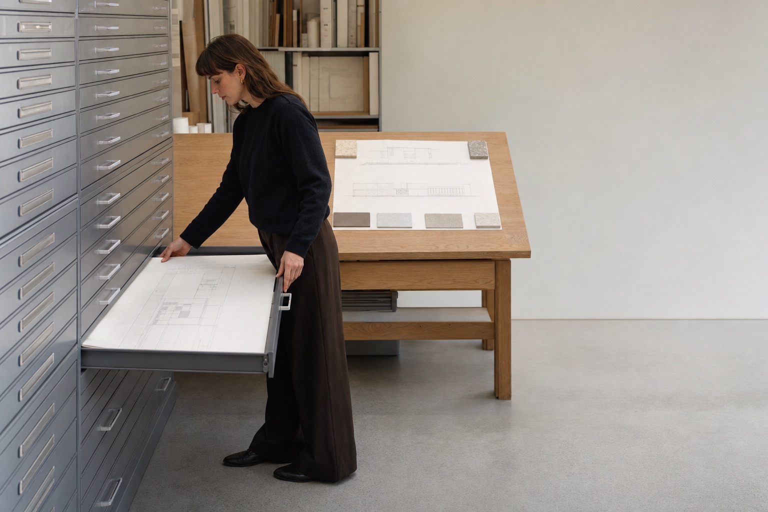 Designer pulling a drawing set from the studio plan chest beside a table of finish samples
