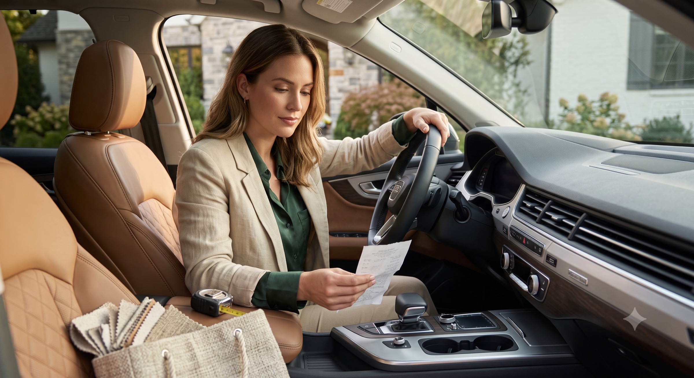 An interior designer photographing a receipt with her phone from the driver's seat of a car parked outside a client's home, fabric samples and a tape measure on the seat beside her.