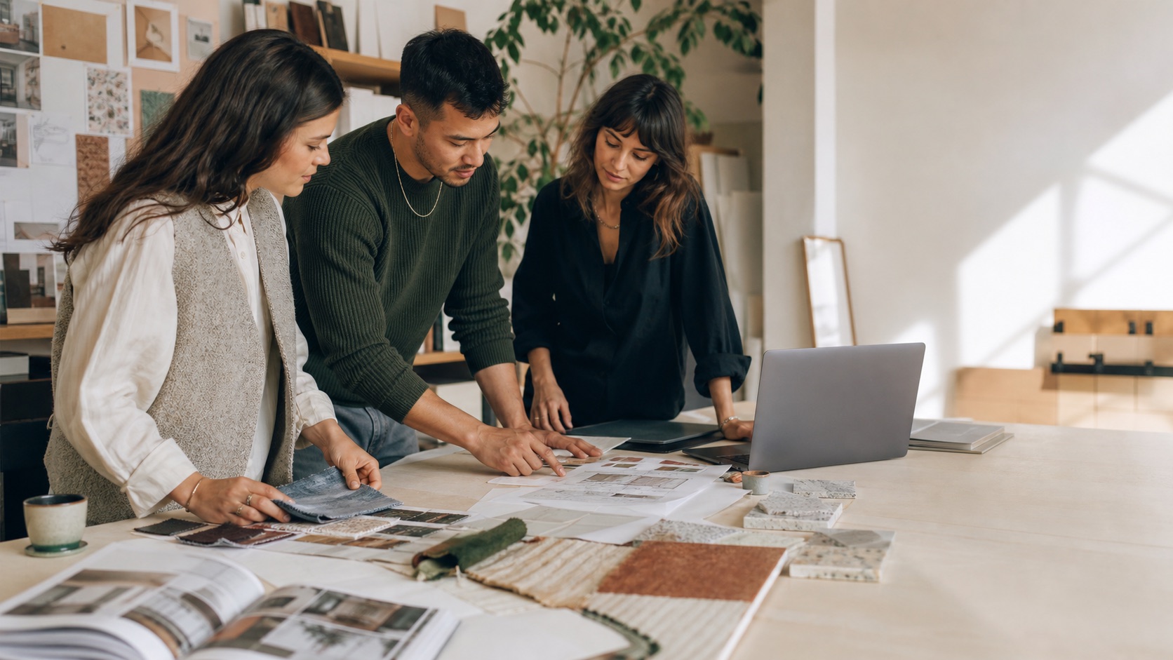 Interior design studio team reviewing plans, material samples, and project work around a table