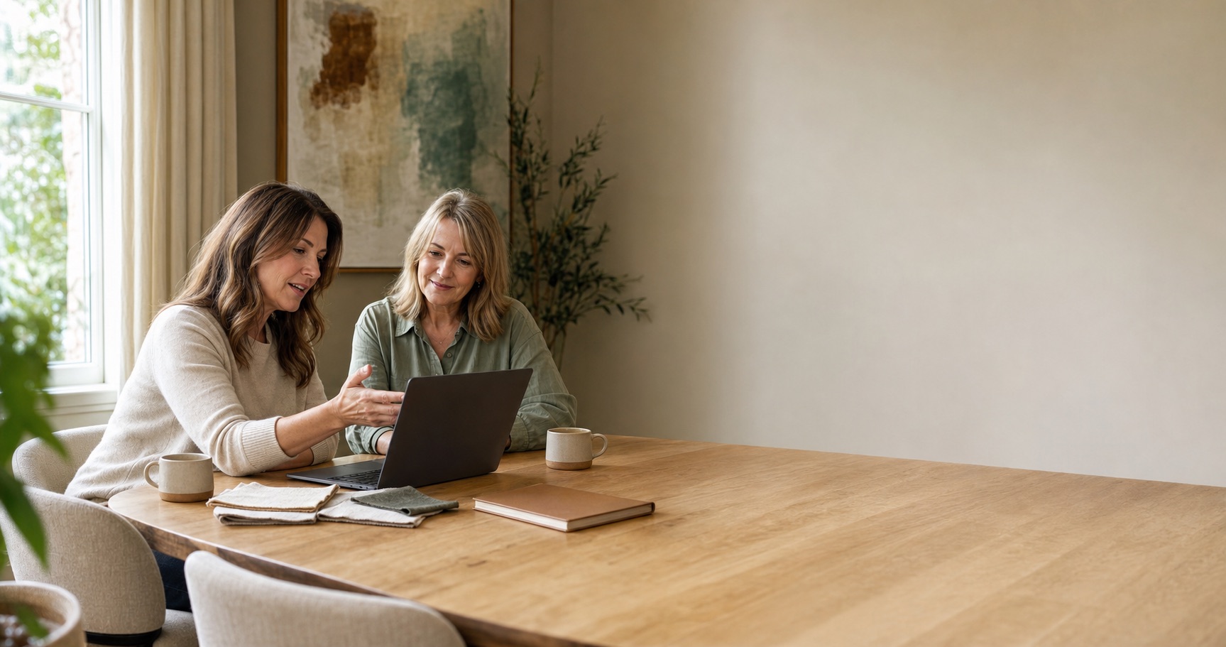 A designer and her client at the client's dining table, going through the account together.
