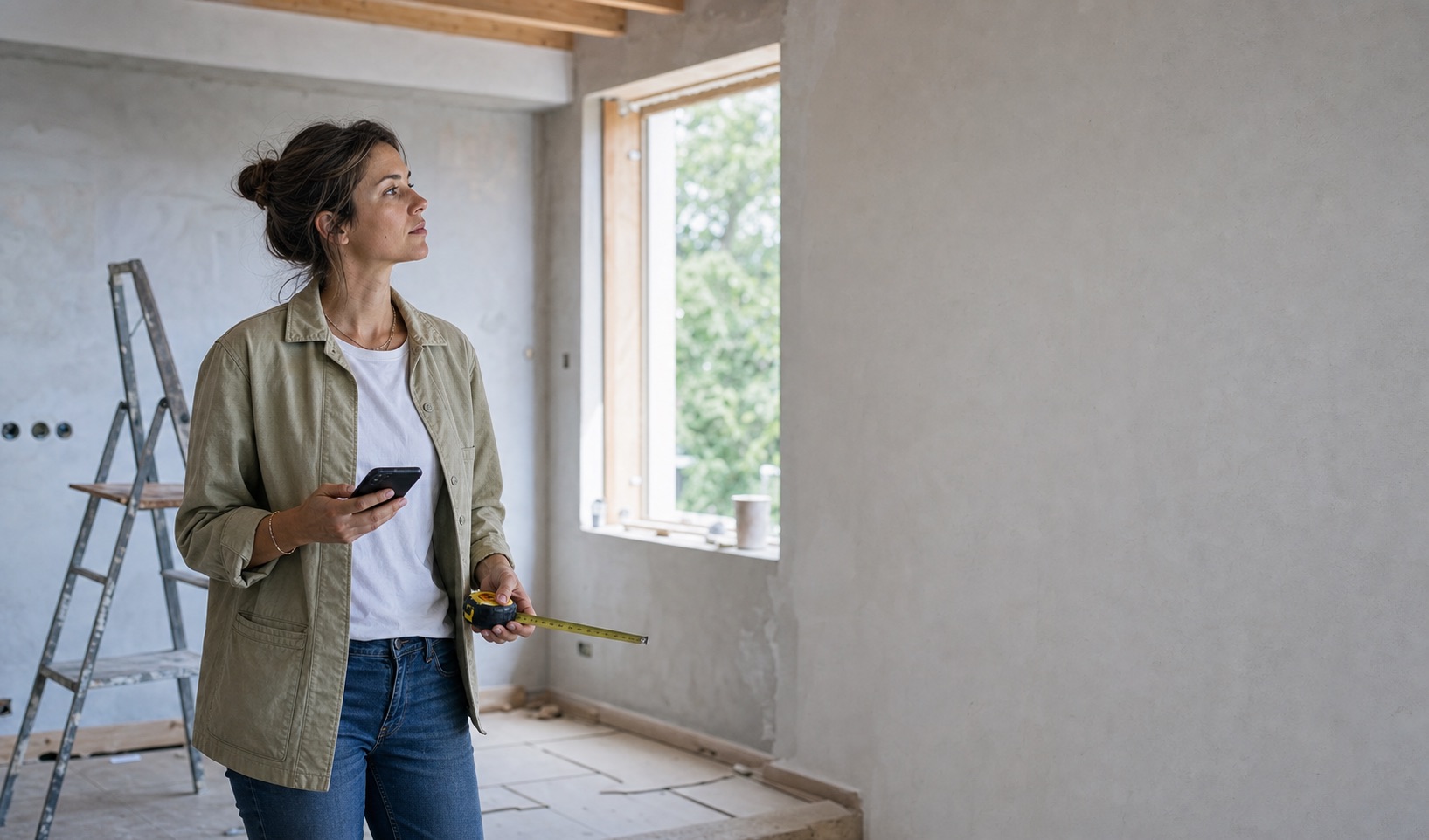 An interior designer on a site visit in a room still under construction, phone in one hand and a tape measure in the other.