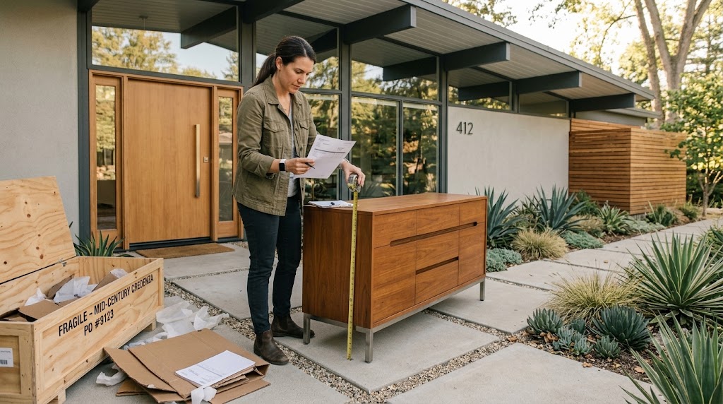 A designer checking a delivered credenza against the packing slip, tape measure in hand, beside the open shipping crate.