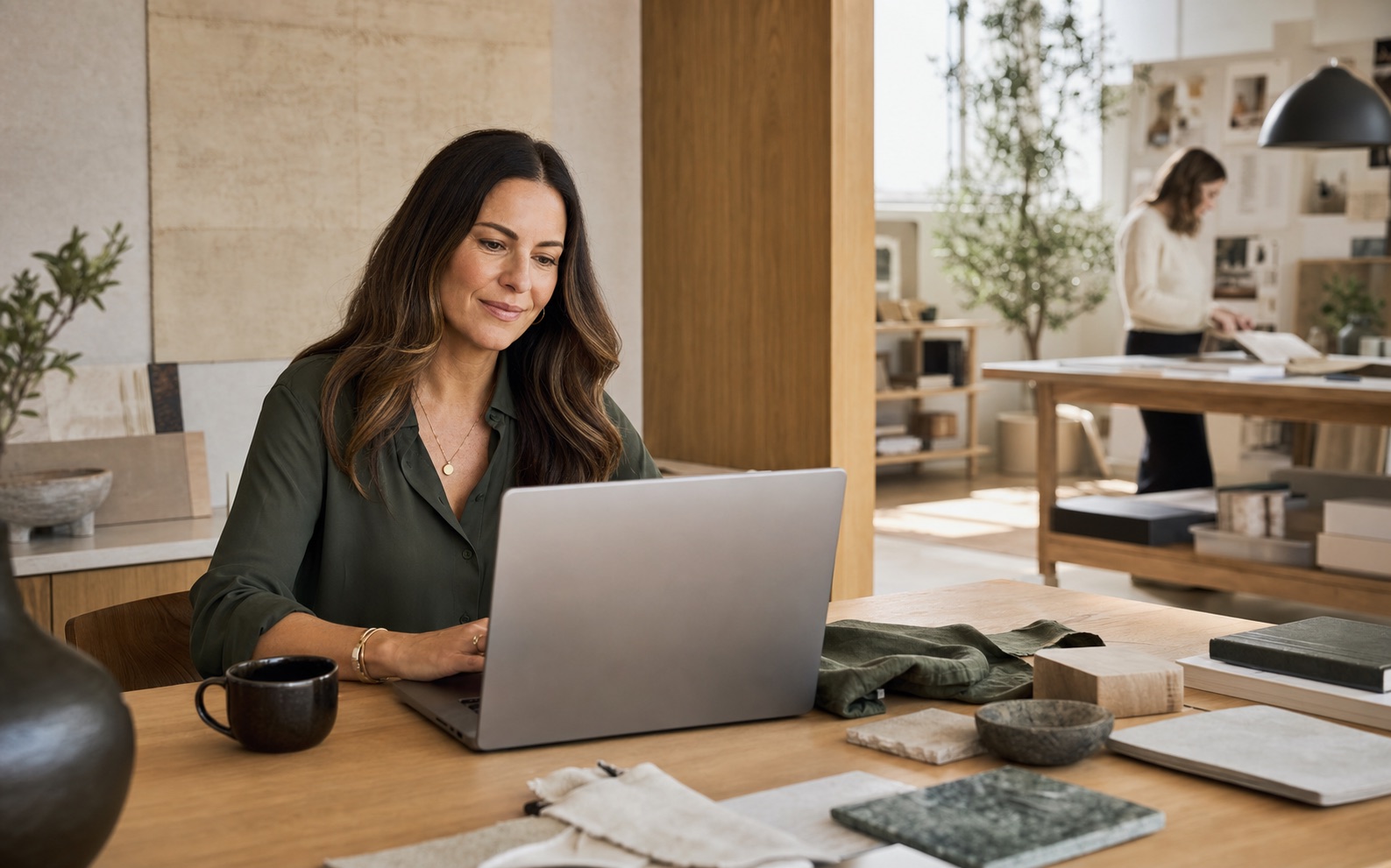 Interior design firm principal reviewing active project performance in her studio