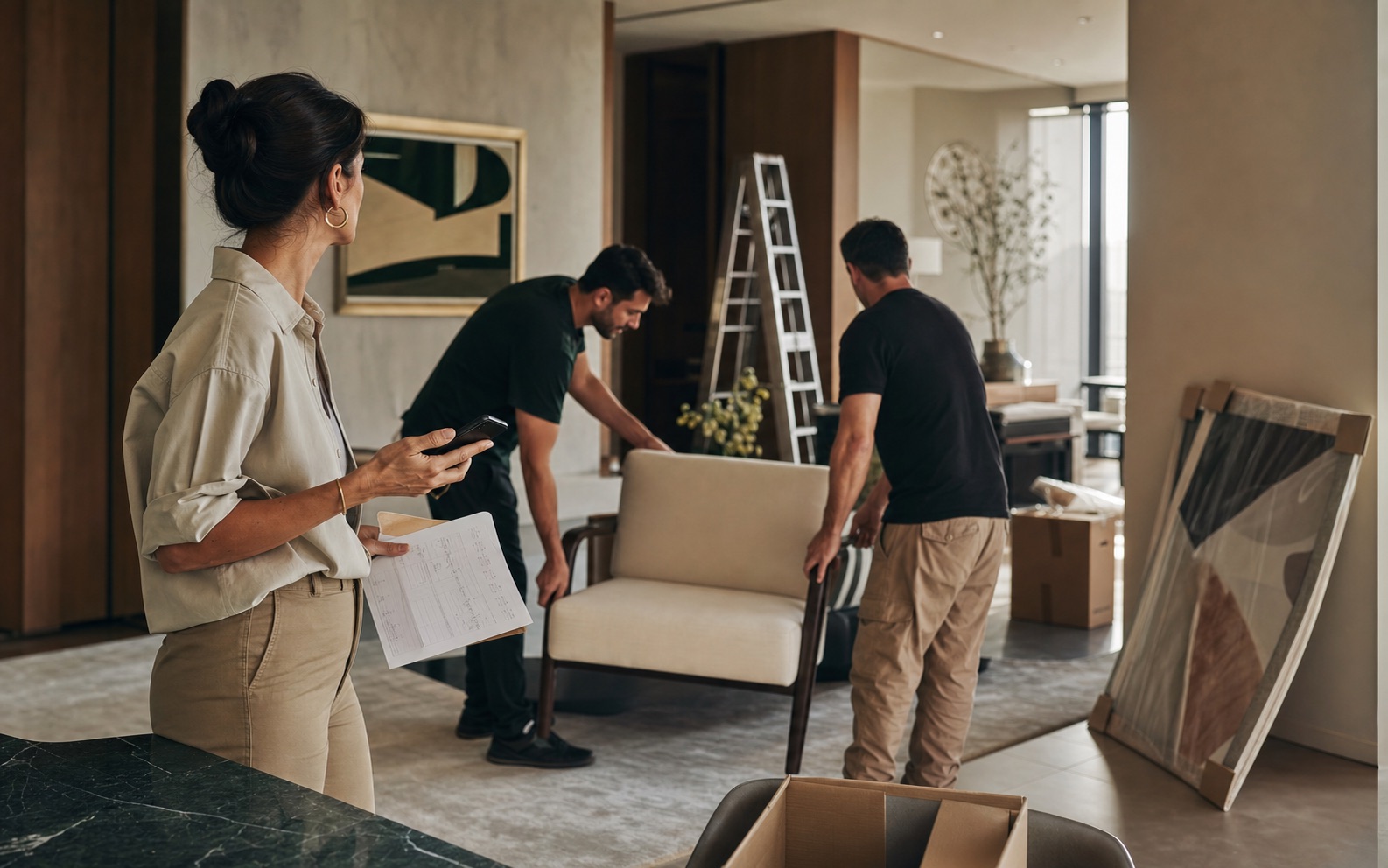 Interior designer coordinating furniture installation inside a nearly completed residence