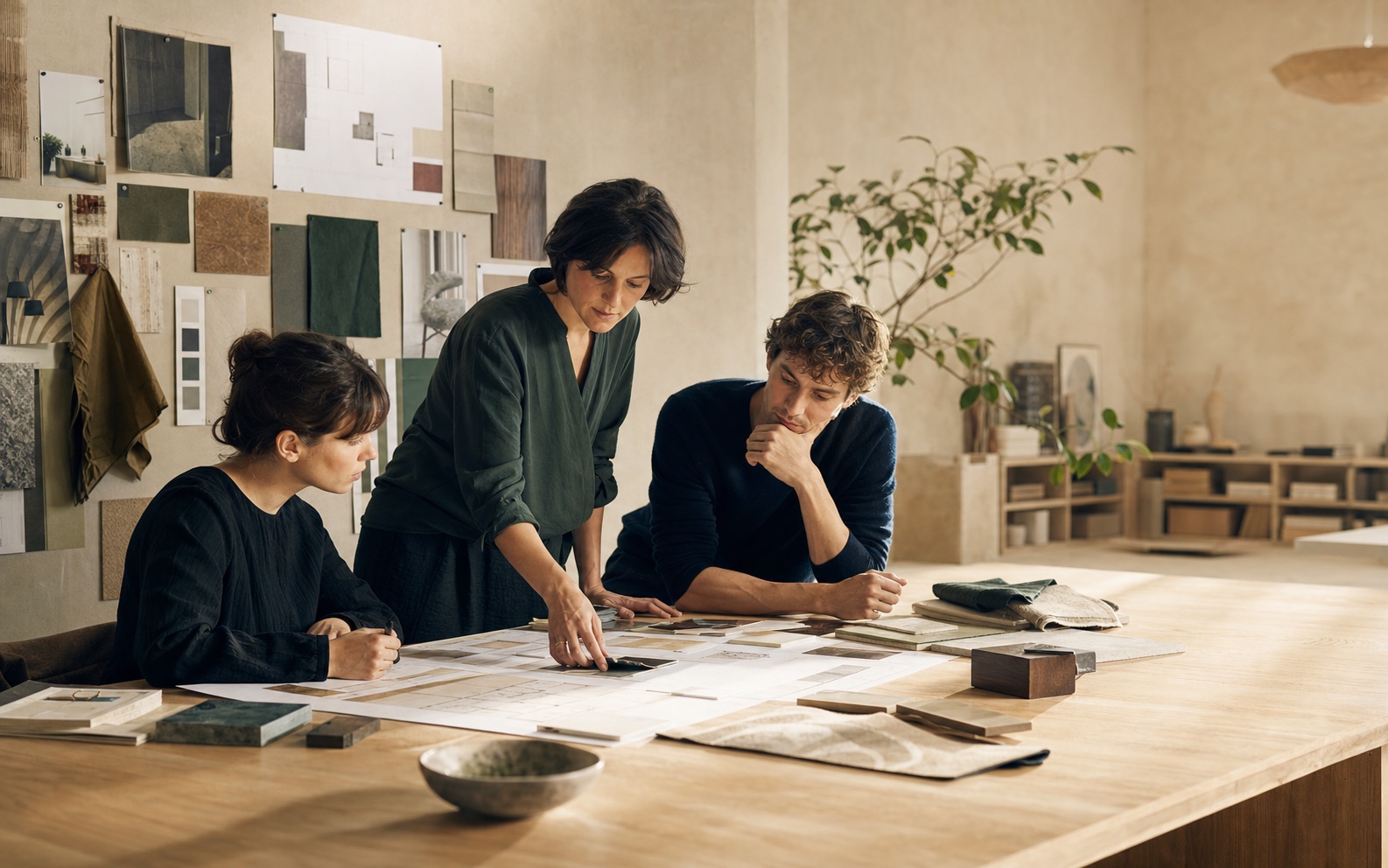 Three designers reviewing drawings and material samples together at a studio worktable