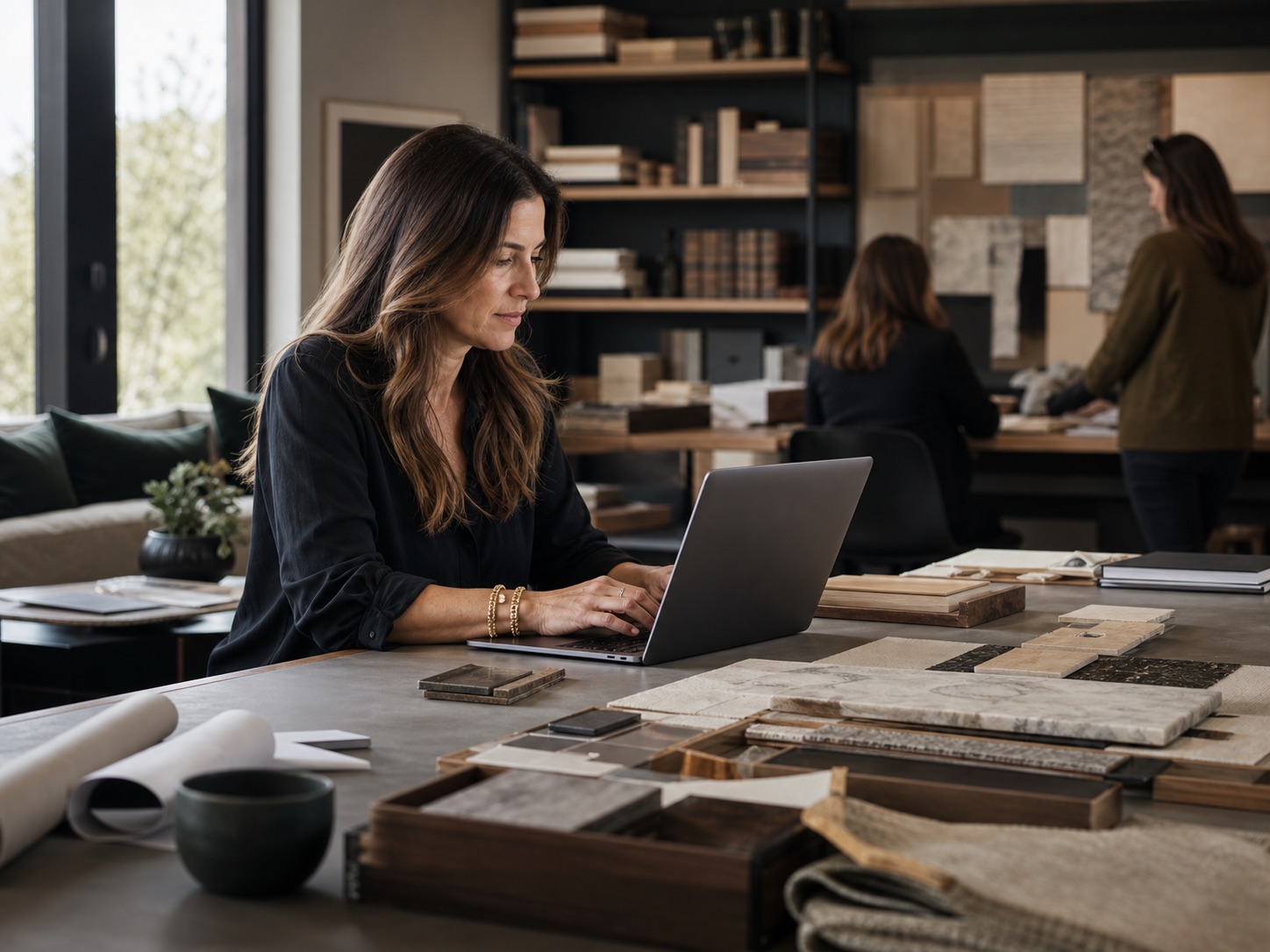 Interior design firm principal reviewing project information at a material library table while her team works independently