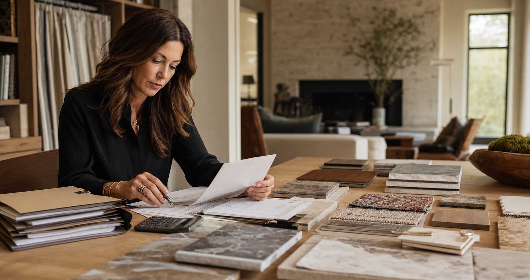 Interior designer reviewing vendor pricing and material selections in a residential design studio