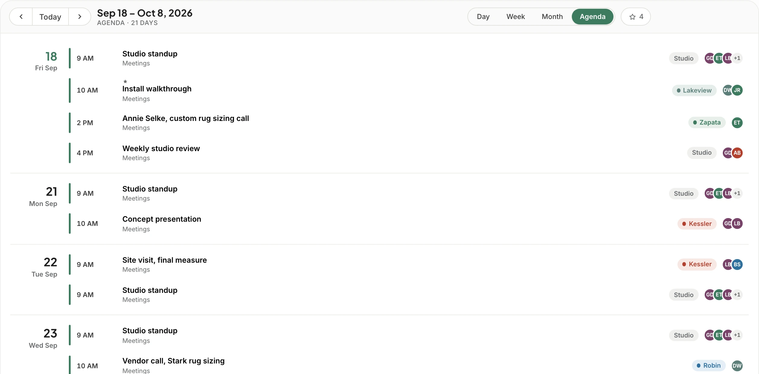 Agenda view: the next three weeks as a list, grouped by day, with each meeting's time, project and guests.