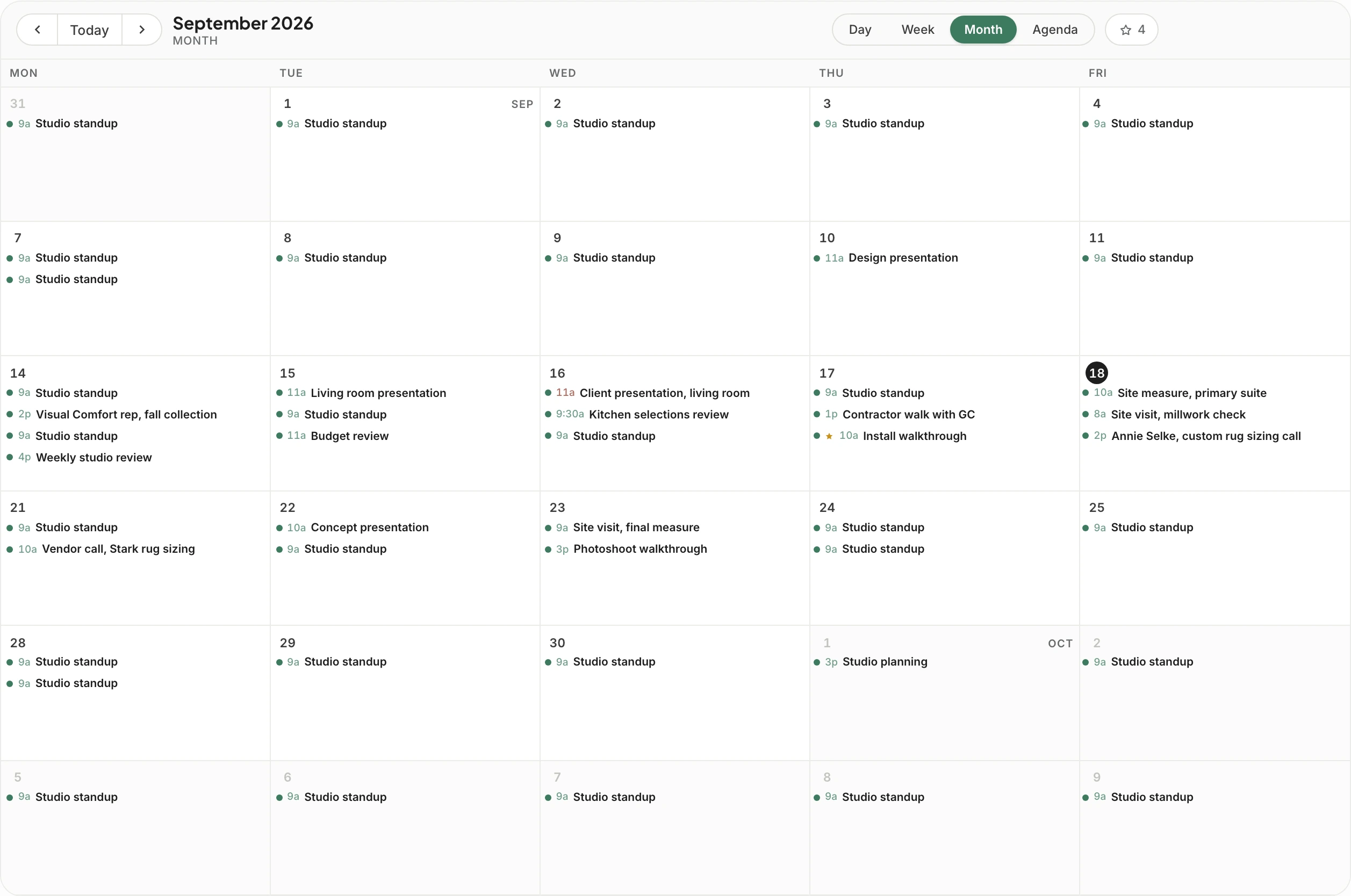 Month view for September: every meeting as a line in its project's color, from studio standups to client presentations and site visits.