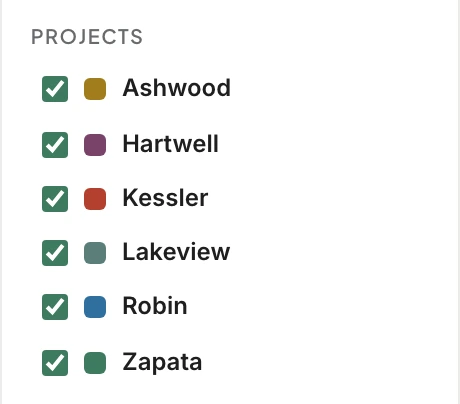 The calendar's project list: Ashwood, Hartwell, Kessler, Lakeview, Robin and Zapata, each with its own color and a checkbox to show or hide it.