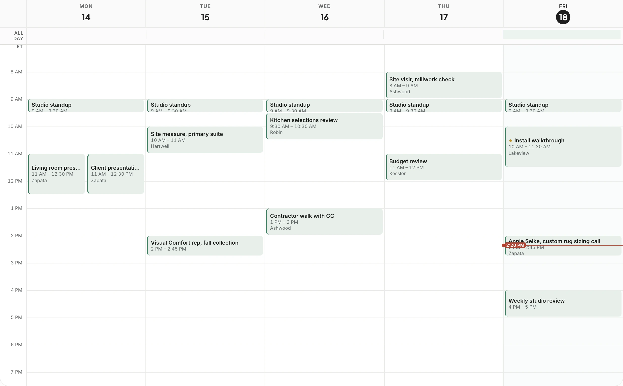 Workroom Calendar, week of September 14: studio standups, a living room presentation, site visits, a contractor walk, a vendor call and a design review, each colored by its project.