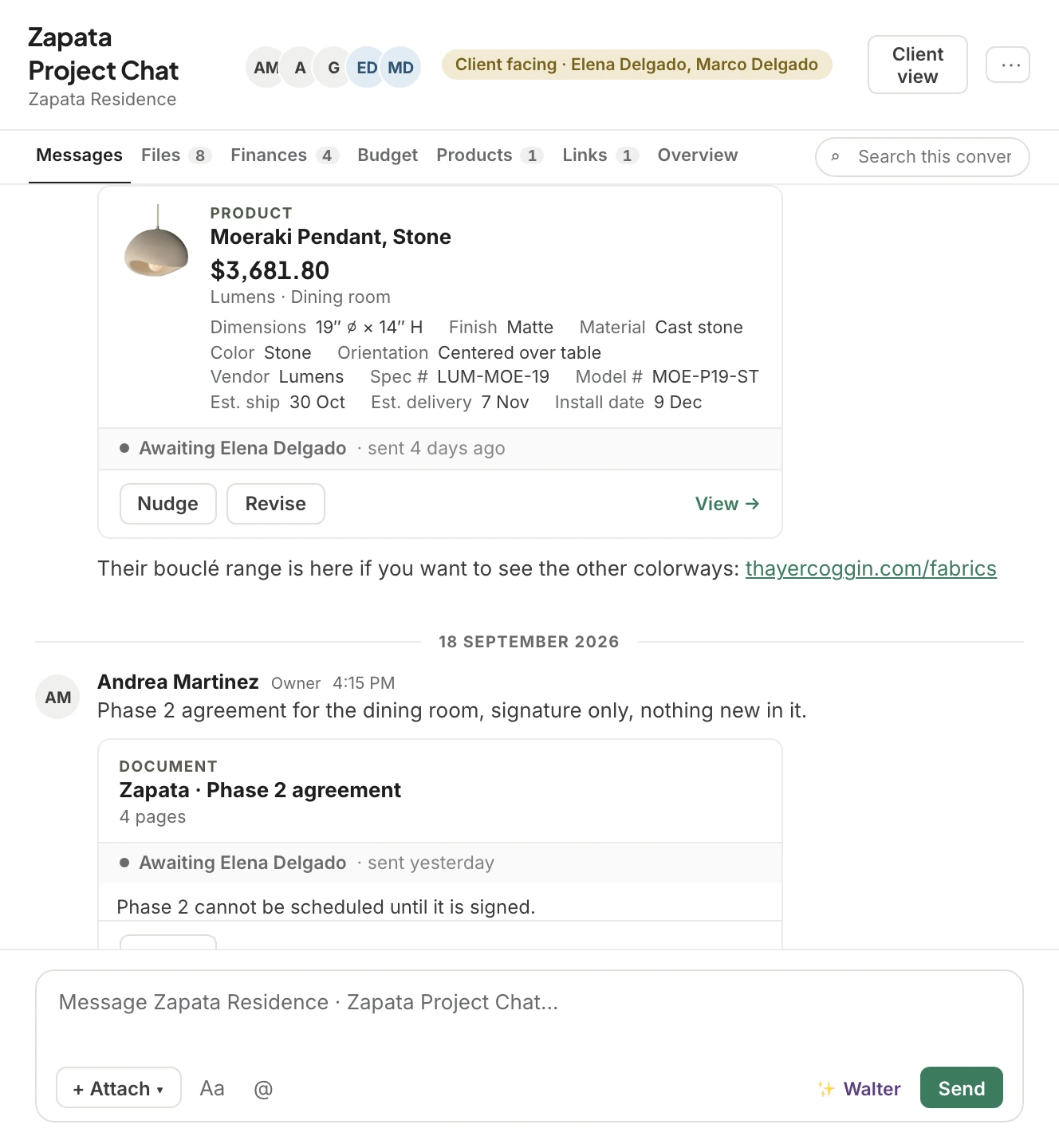 A Workroom project chat with record cards for a product, a document and a retainer, and the room's tabs for files, finances, budget, products and links.