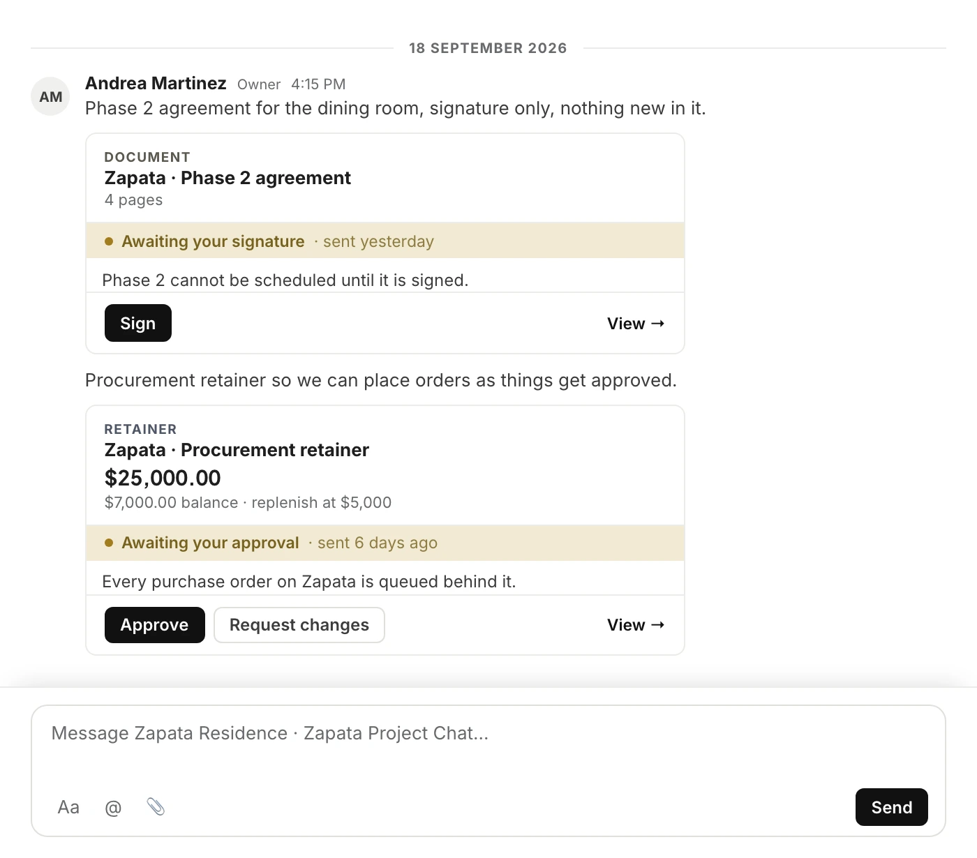 The same conversation as the client sees it: the phase 2 agreement waiting on her signature with a Sign button, and the procurement retainer waiting on her approval with Approve and Request changes.