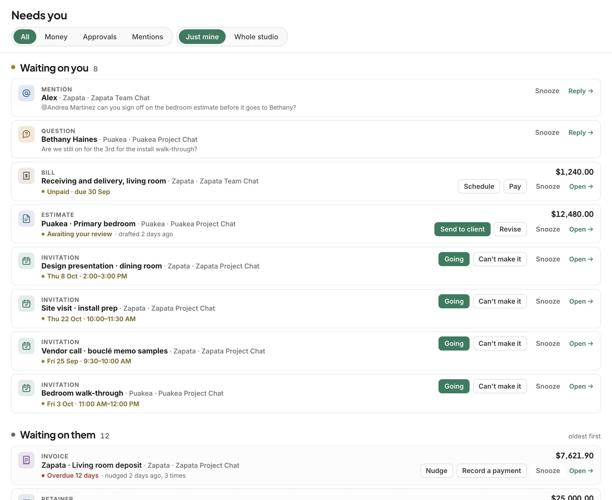 The studio's Needs you list: mentions, a question, a bill, an estimate and meeting invitations waiting on you, each with its action, and the Waiting on them list below.