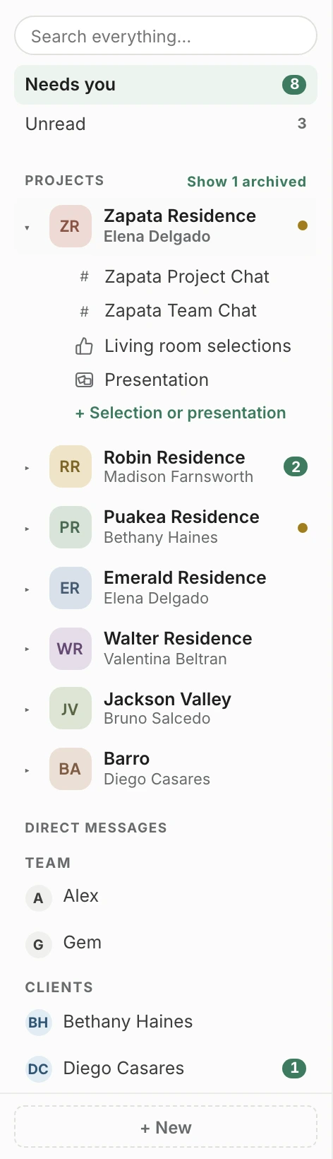 The Comms sidebar: Needs you and Unread, every project on one row with its client, Zapata Residence open to its project chat, team chat, living room selections and presentation, then direct messages by team, clients and vendors.