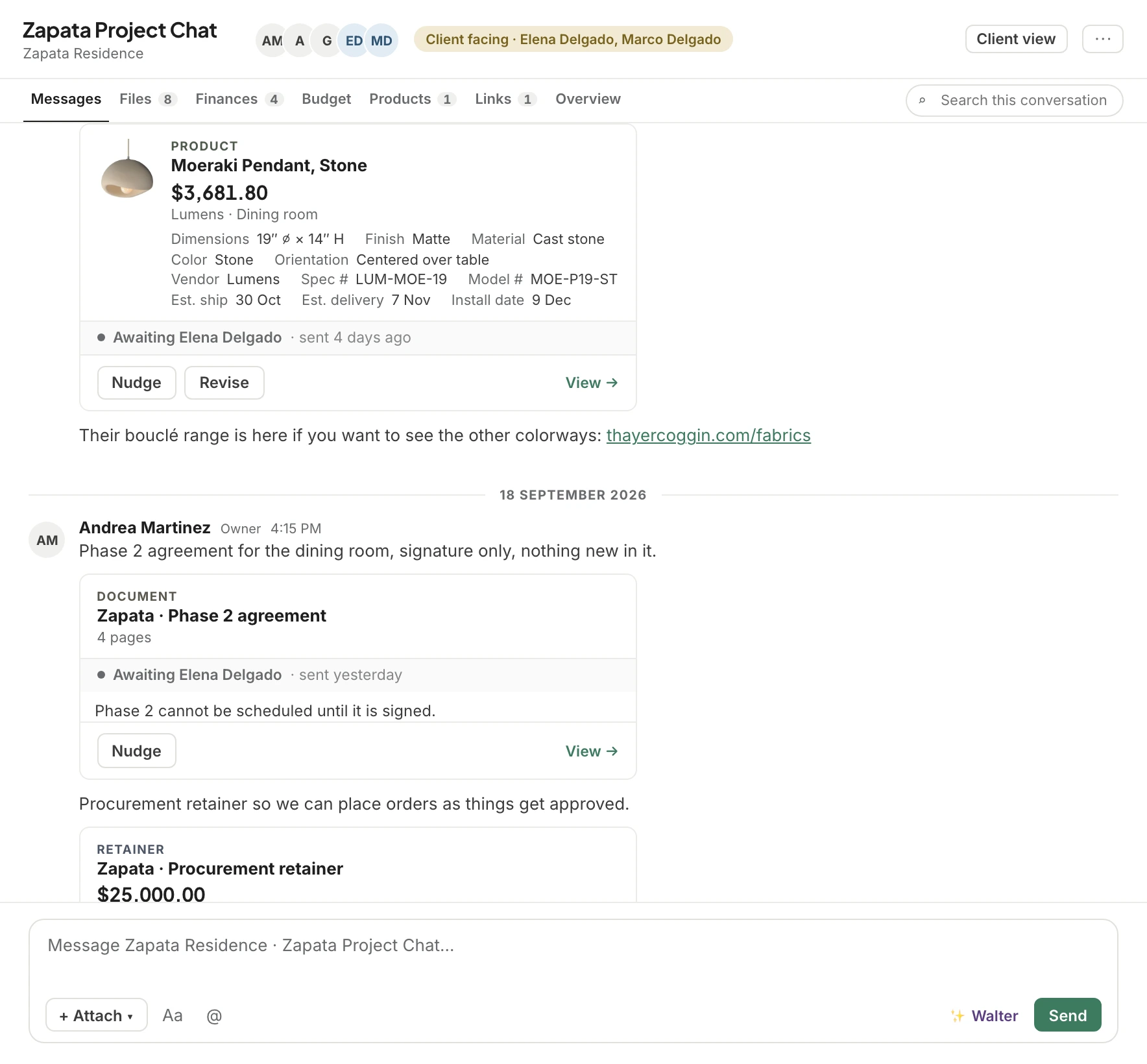 Workroom Comms: the Zapata Project Chat, with live cards for the Moeraki pendant, the phase 2 agreement and the procurement retainer, each showing who it's waiting on.