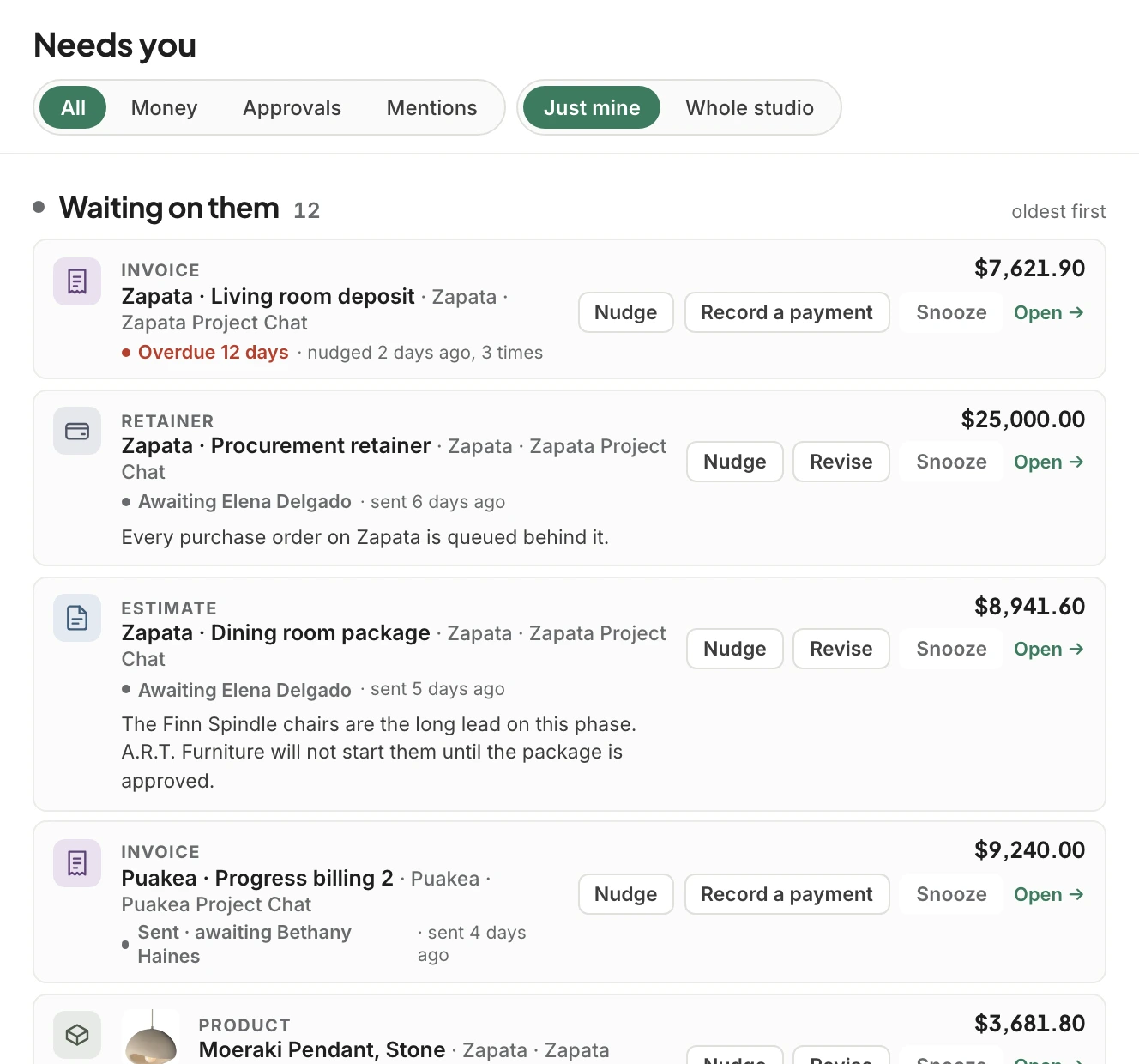Waiting on them, oldest first: an overdue deposit invoice, a retainer and an estimate awaiting Elena Delgado, a progress billing awaiting Bethany Haines, each with Nudge.