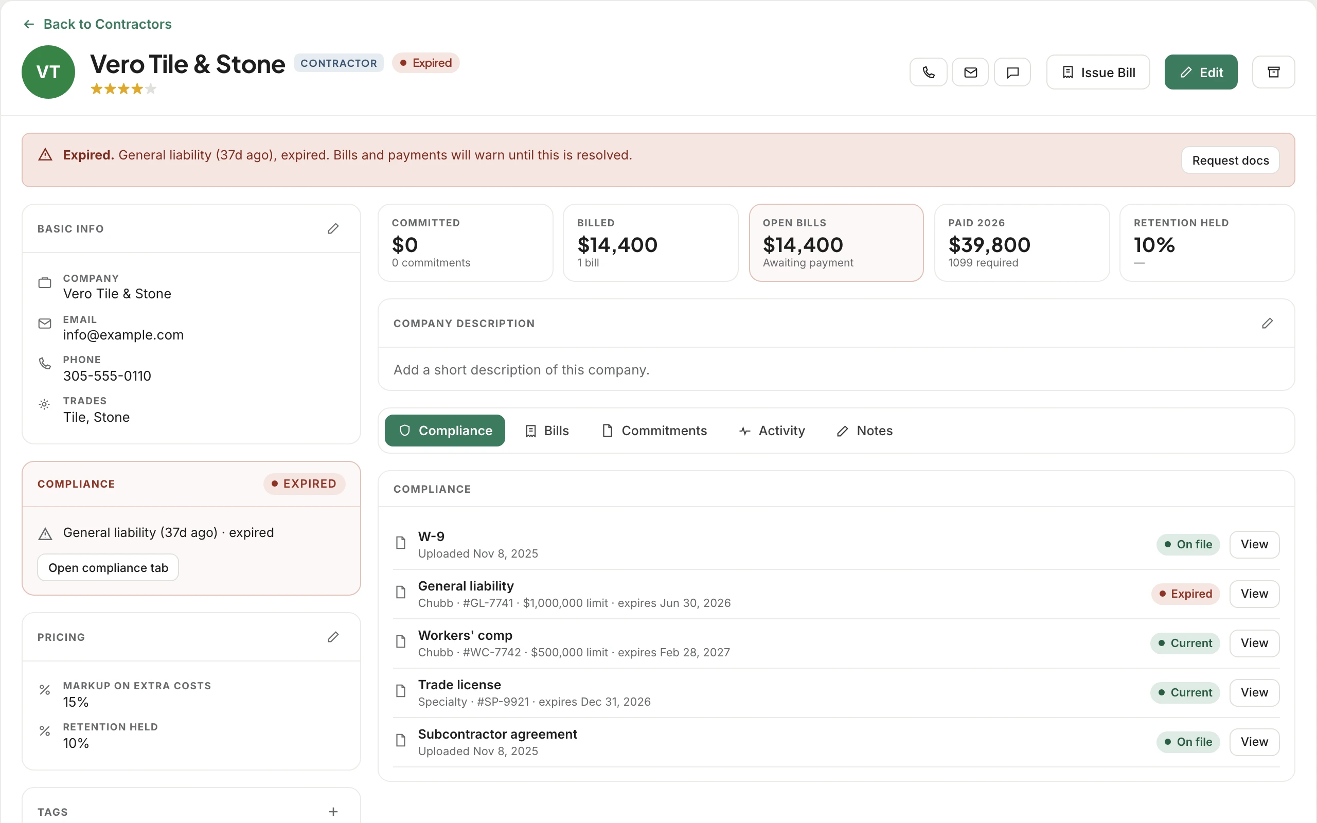 Vero Tile and Stone's contractor record: an Expired banner with Request docs, committed, billed, open bills, paid this year and retention held, and the compliance documents with their expiry dates.