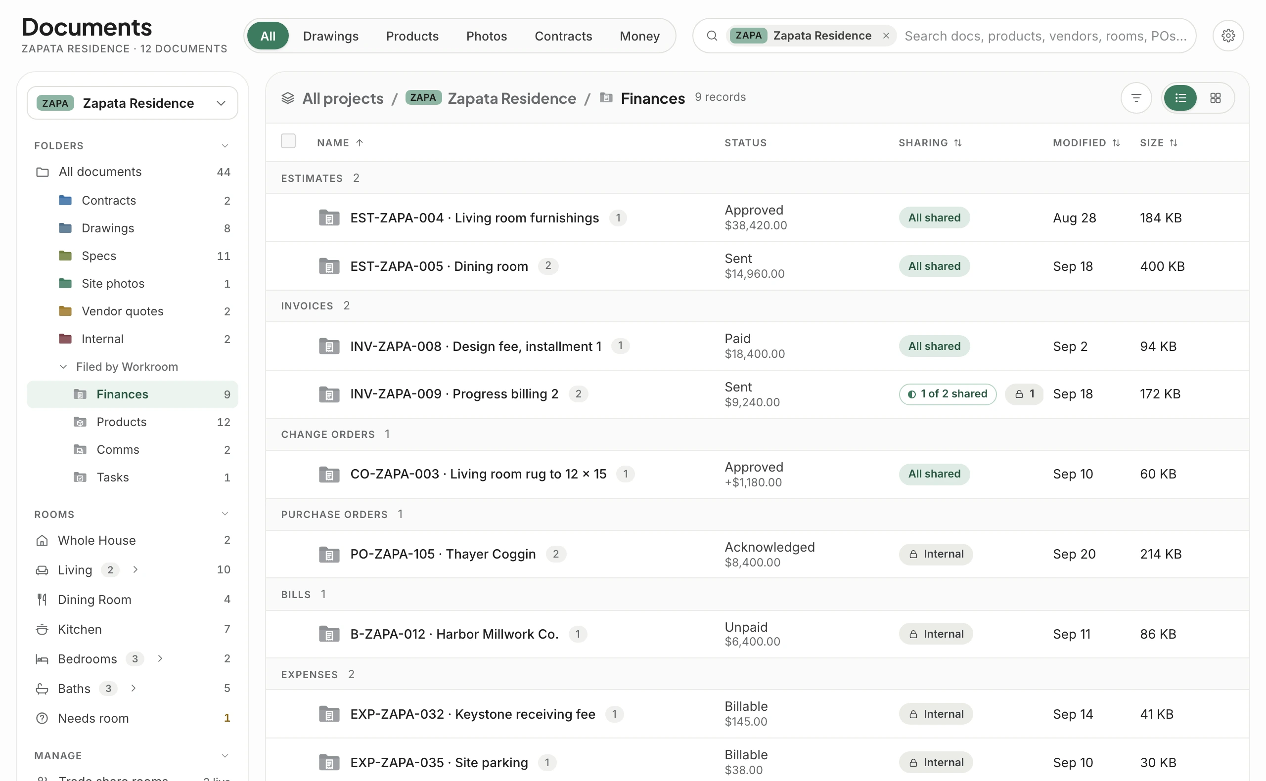 Filed by Workroom, Finances for Zapata Residence: estimates, invoices, a change order, a purchase order, a bill and expenses, each a folder showing its status and amount, sharing state and file count.