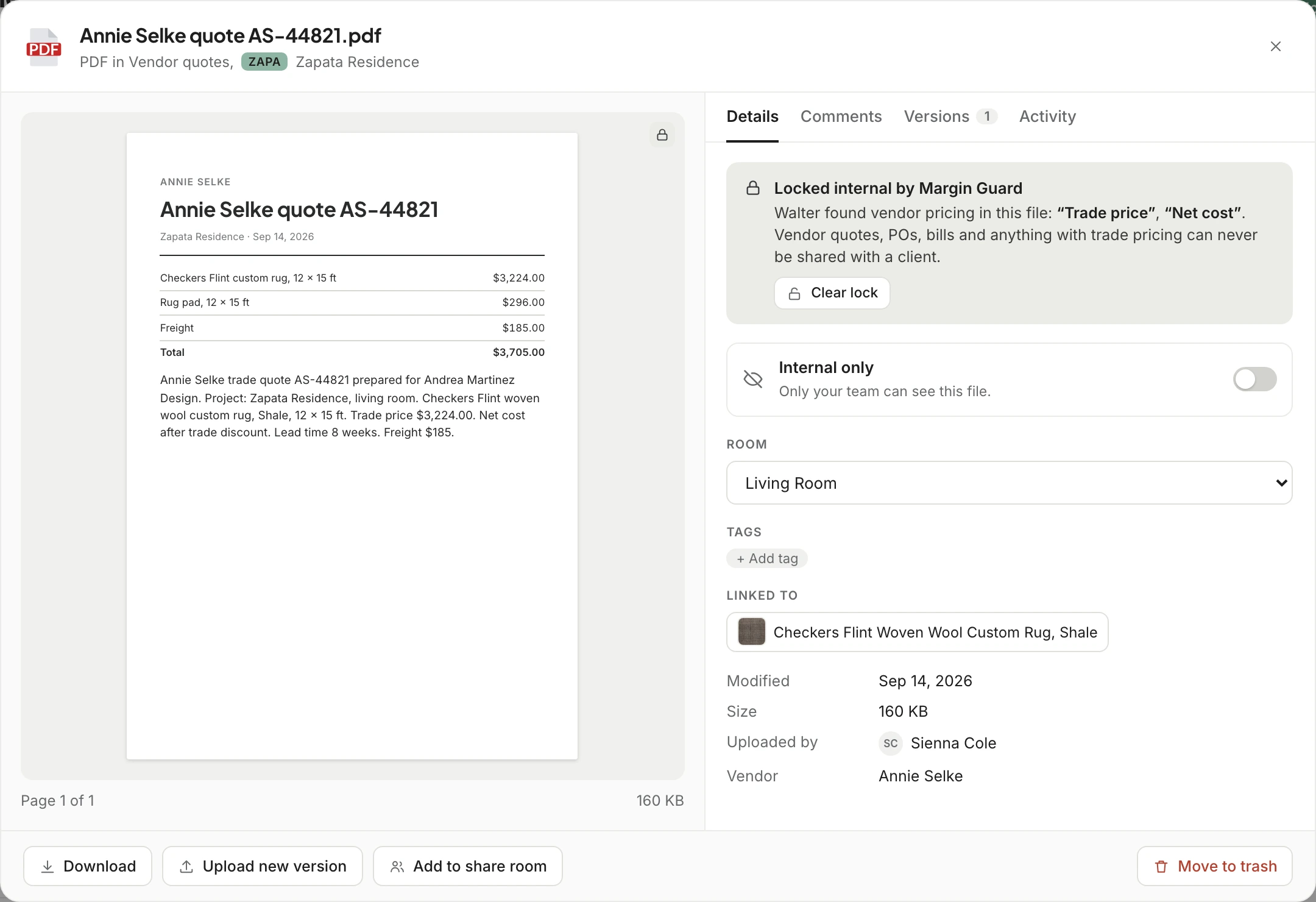 An Annie Selke quote open in Workroom: the first page shows trade prices, and the Details tab shows it locked internal by Margin Guard because Walter found &ldquo;Trade price&rdquo; and &ldquo;Net cost&rdquo;, with Clear lock for the owner, the client sharing switch off, its room and the rug it is linked to.