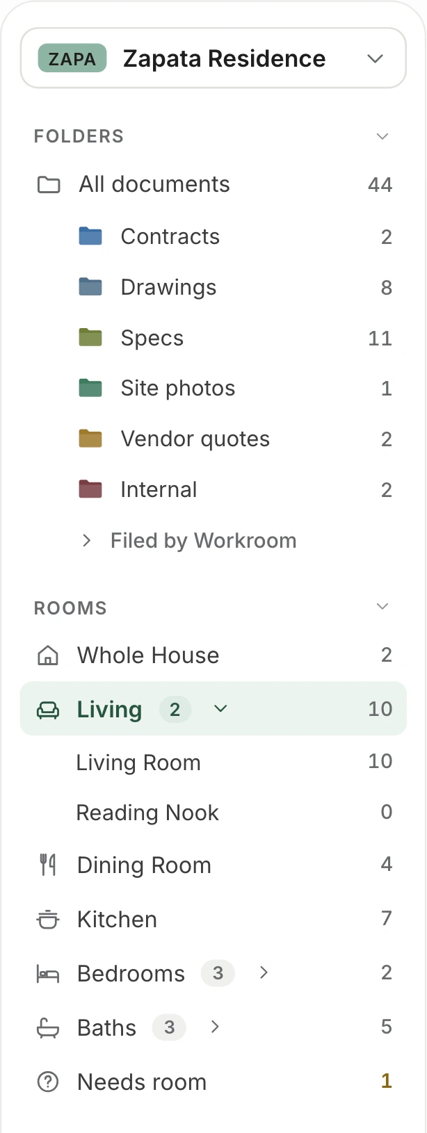 The Documents rail for Zapata Residence: folders for Contracts, Drawings, Specs, Site photos, Vendor quotes and Internal, then rooms grouped as Whole House, Living with Living Room and Reading Nook, Dining Room, Kitchen, Bedrooms, Baths and Needs room, each with its file count.