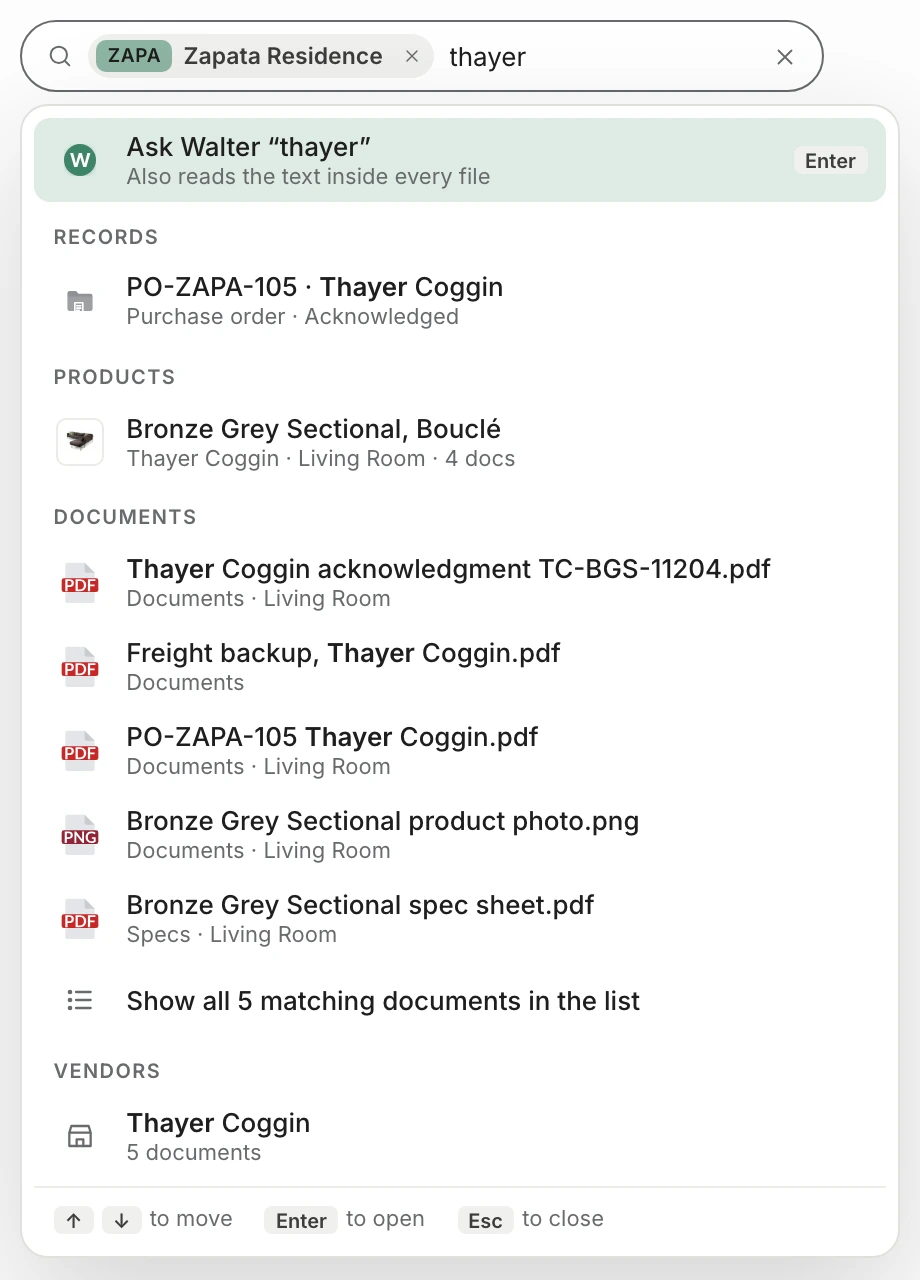 The search box scoped to Zapata Residence with &ldquo;thayer&rdquo; typed: Ask Walter first, then the purchase order PO-ZAPA-105, the Bronze Grey Sectional with its four documents, five matching documents and the vendor Thayer Coggin.