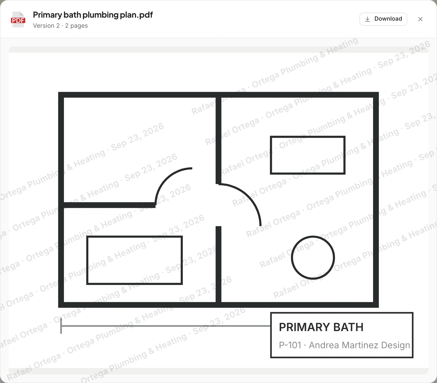 The contractor's view of the primary bath plumbing plan, version 2, watermarked across the page with Rafael Ortega, Ortega Plumbing and Heating and the date, from Andrea Martinez Design.