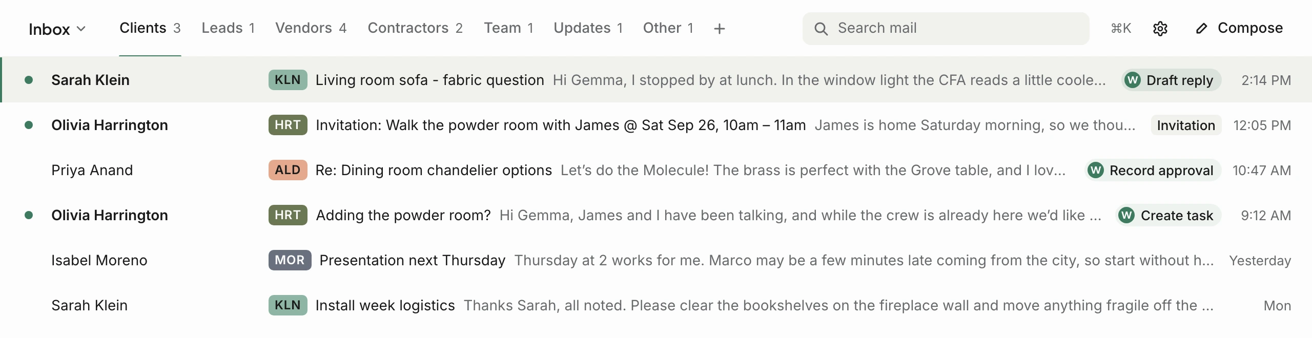 Workroom Email, Clients lane: threads from Sarah Klein, Olivia Harrington, Priya Anand and Isabel Moreno, each with its project pill, and Walter suggestions such as Draft reply, Record approval and Create task.