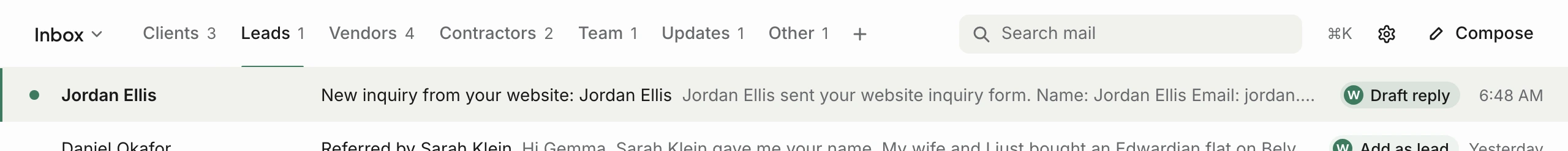 The Leads lane: a new inquiry from the studio's website form with Draft reply, and a referral from an existing client with Add as lead.