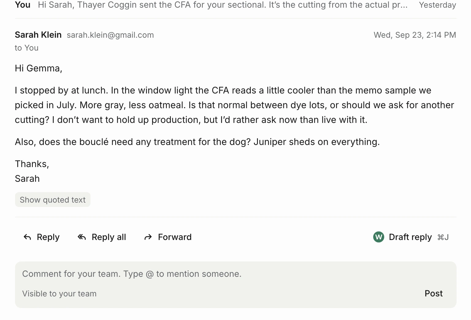 The bottom of a client thread: Reply, Reply all, Forward and Draft reply, and a comment box for the team that is visible only to the studio.