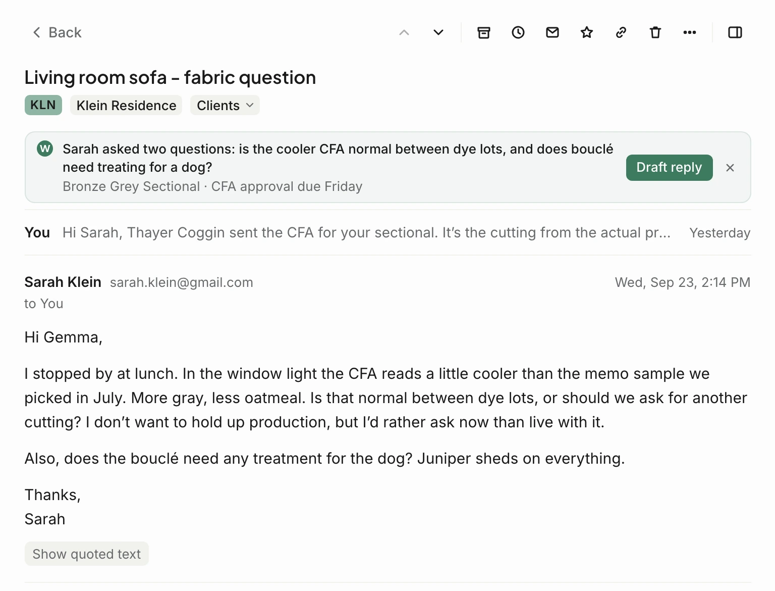 A client email in Workroom: the Klein Residence project pill, Walter's summary of Sarah Klein's two questions with Draft reply, and her message about the sectional's fabric.