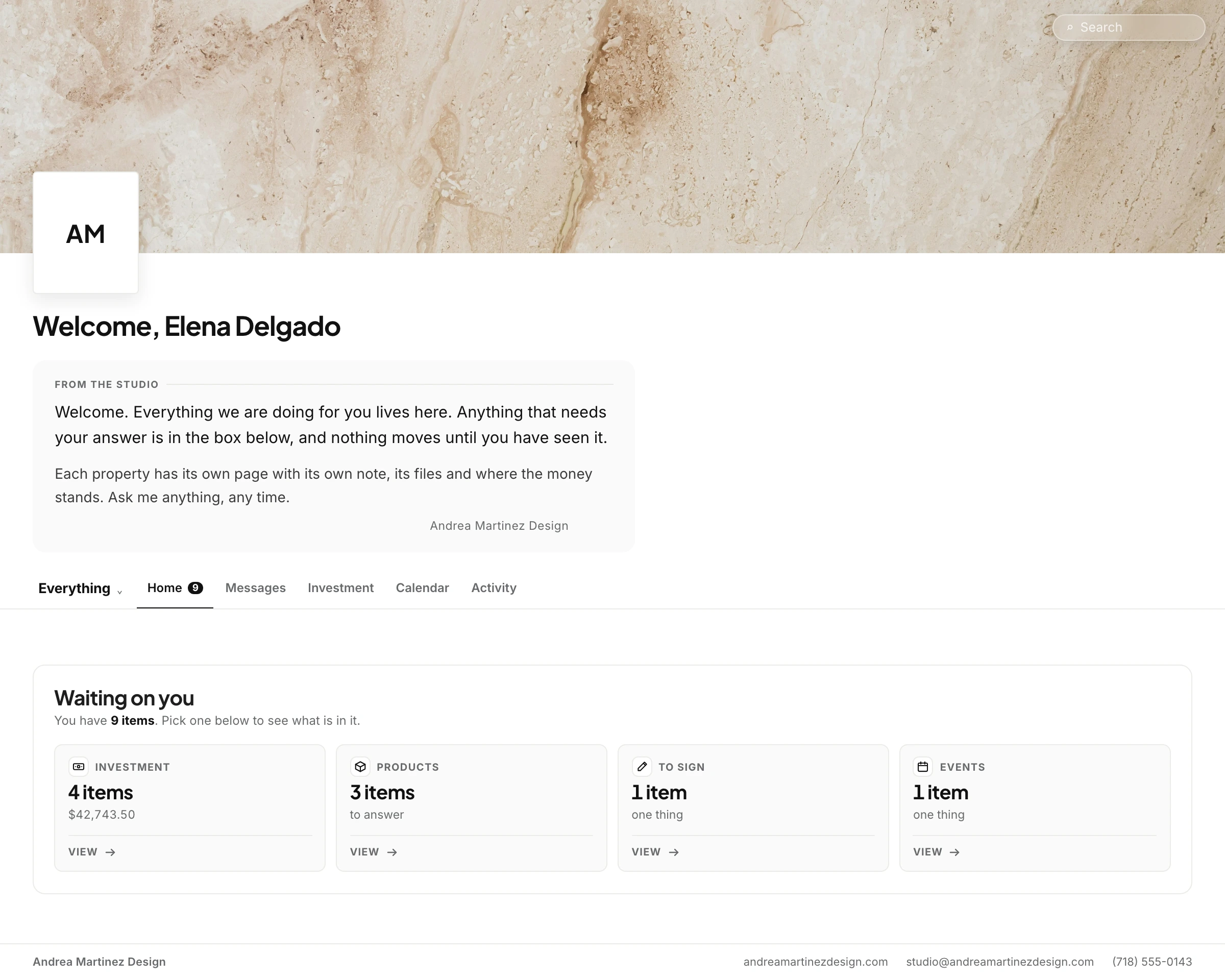 The client's home in Workroom: the studio's header image and AM mark, Welcome, Elena Delgado, a note from the studio, tabs for Home, Messages, Investment, Calendar and Activity, and Waiting on you with investment, products, to sign and events.