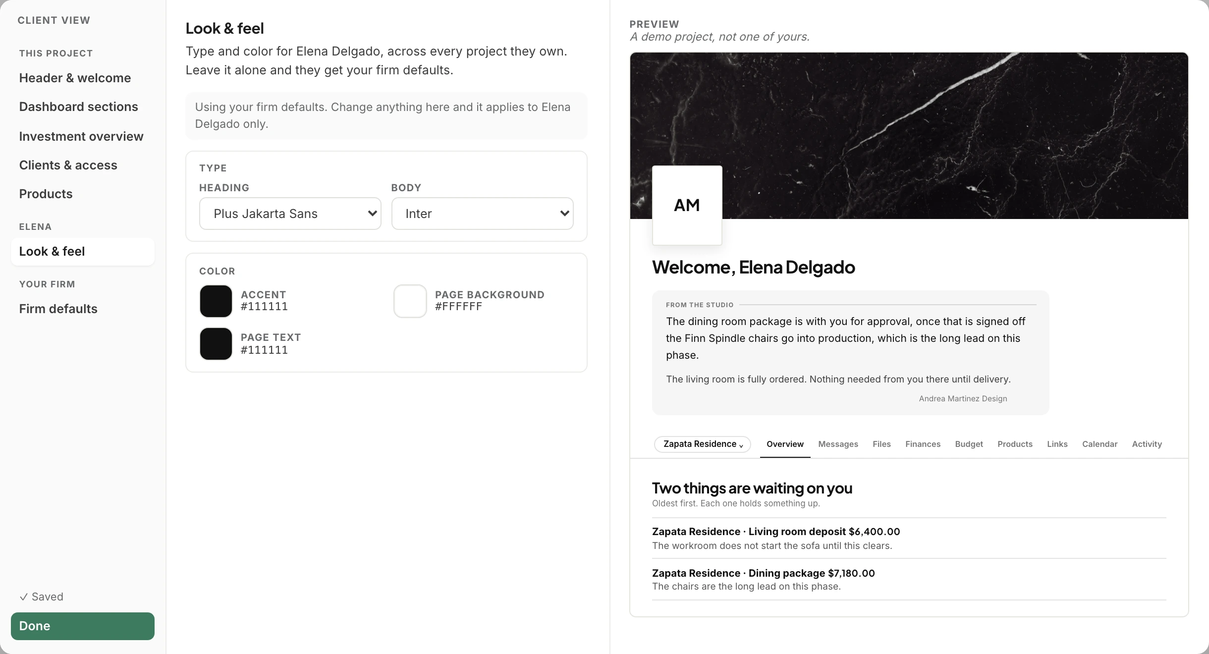 Client view settings, Look and feel: heading and body typefaces, accent, page background and text colors for Elena Delgado, with a live preview of her welcome page.