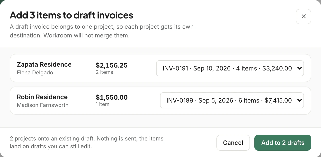 Add 3 items to draft invoices: the Zapata Residence and Robin Residence items, each going onto that project's own open draft invoice, with nothing sent.