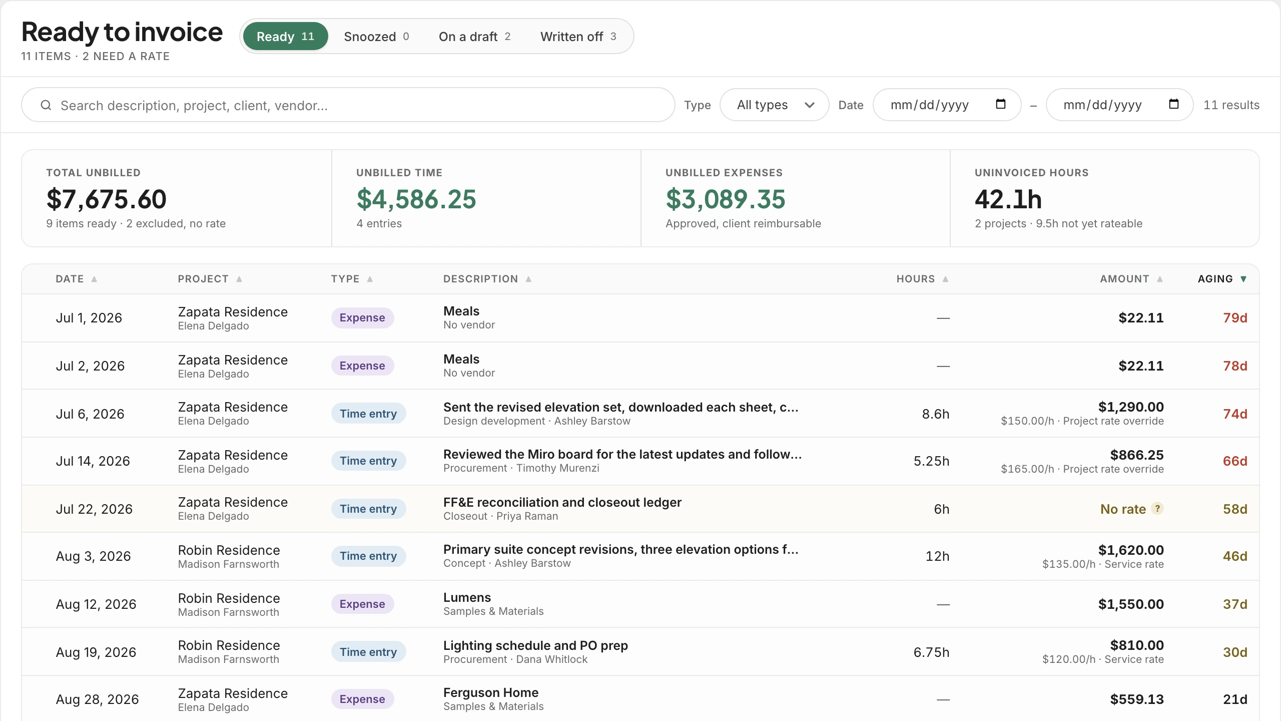 Ready to invoice as a project manager sees it: only their Zapata Residence and Robin Residence work, with totals for those projects and no checkboxes, selection bar or Set a rate links.