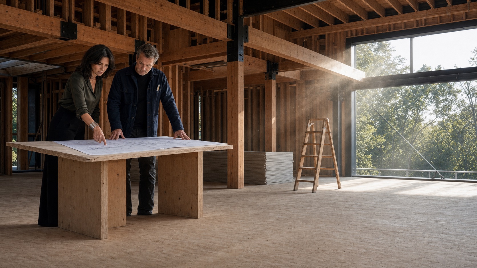 A designer and a builder over a drawing on a plywood worktable inside a glulam-framed house, sunlight and dust through the opening.