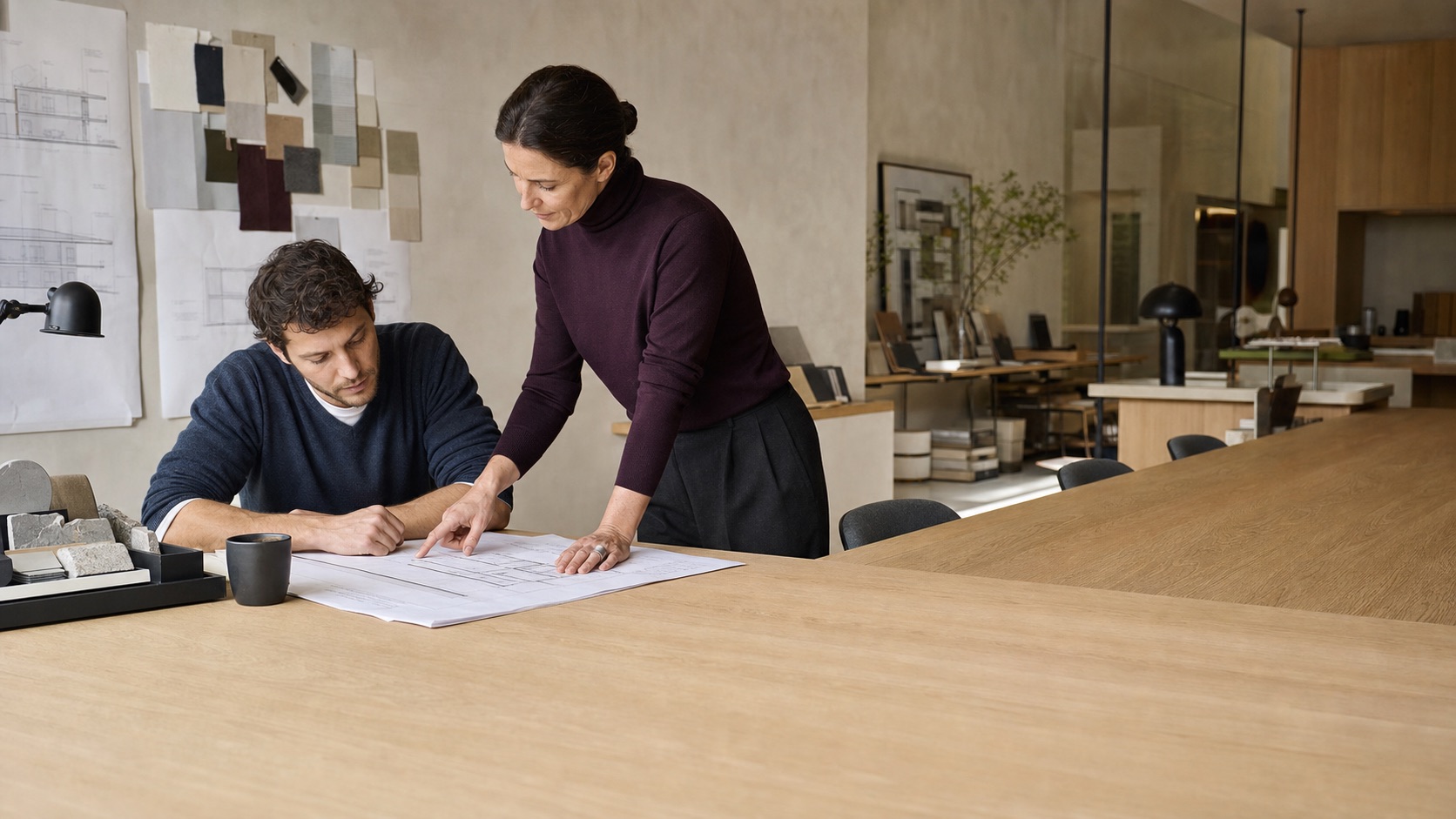 A design director leaning over a designer's desk, reviewing drawings together in a studio.